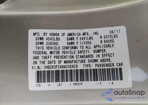 2017 Honda Accord Ex-L V6 z USA, uszkodzony, nr VIN 1HGCR3F0XHA036829